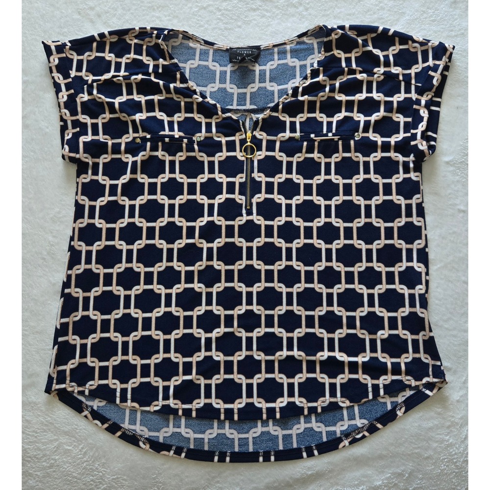 Flower & Feather Blouse Women XL Navy Blue Geometric Chain Link‎ Zipper